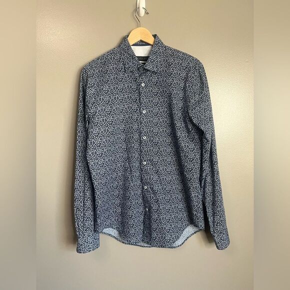 4/$25 Zara man slim fit micro floral navy blue button up shirt medium preppy - Picture 6 of 7